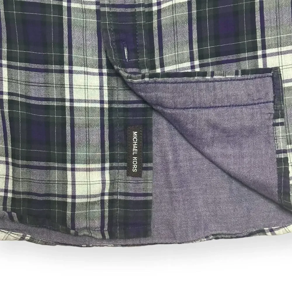 MICHAEL KORS Tailored Fit Plaid Button Up Shirt Roll Tab Sleeve Purple Black L